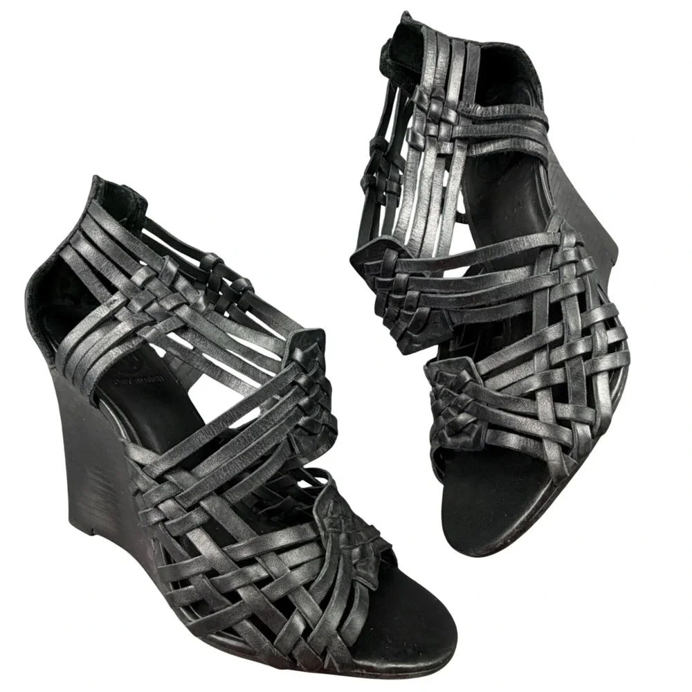 Tory Burch Black Leather Woven Cage Wedge Sandals Womens 9.5M Made in Brazil